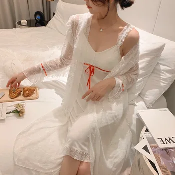 Krūtine sleepwear moteris patenka seksualus petnešos pižamą modale nightdress dviejų dalių ilgomis rankovėmis royal nėrinių princesė chalatas