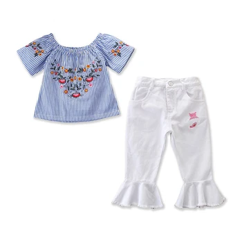 Kūdikių Apranga Vasaros Nustatyti Vaikams Dėvėti Bamblys Mergaičių Drabužių Mados Juostele Gėlių T-shirt+Baltos Kelnės Vaikams Drabužių BC1322-1