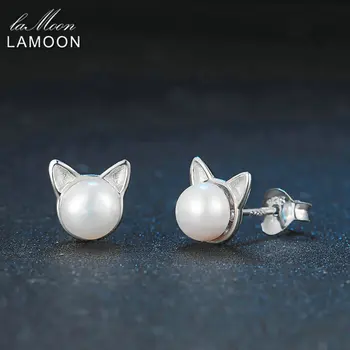 LAMOON Fine Jewelry Stud Auskarai Girl Naujas Baltos spalvos Rutuliukų Cute Kačių Ausys S925 Realių Sterlingų Skiedra Gyvūnų Brincos E-Y168