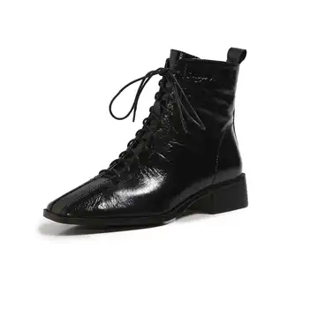 Lanxuryee laisvalaikio trumpas batai, natūralios odos aukštos kokybės kvadratinės pėdos storio med kulno nėrinių kasdien dėvėti mados batai L46