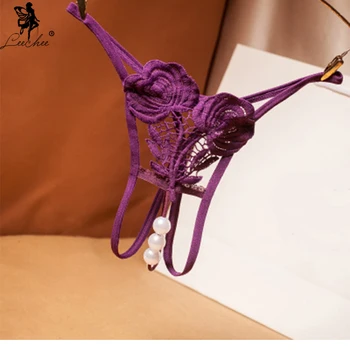 Leechee kelnaites, seksualus apatinis trikotažas moterims apatinės kelnės drugelis dirželius Tuščiaviduriai iš siuvinėjimo gėlės Atidaryti failą pearl crotchless