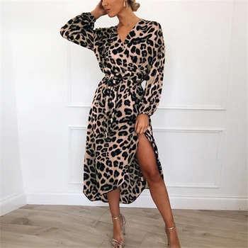Leopard Suknelė 2020 Moterų Atsitiktinis Derliaus Long Beach Suknelė Prarasti Long Sleeve V-Kaklo-Line Seksualus Šalies Maxi Marškinėliai Suknelė Vestidos