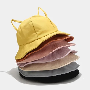 LVYI066 Vasarą Moterys, sulankstomas Panamos skrybėlė medvilnė, siuvinėjimo kibiro kepurę Cute Kačių AUSŲ žvejys skrybėlę nuo Saulės Kepurė Vyrams Ragų kepurę