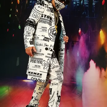 M-6XL!!Juoda ir balta, laiškas, grafiti, hip-hop vidutinio ilgio kostiumas naktiniame klube dainininkė DJDS kostiumas kirpykla banga kostiumas.
