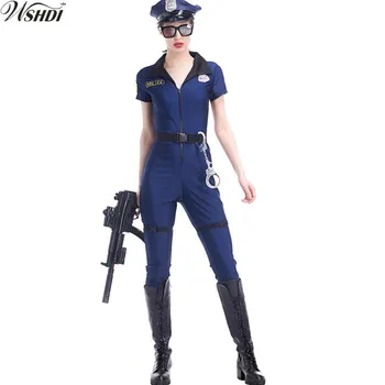 M-XL Moteris Policijos Kostiumas Suaugusiųjų Helovyno Cosplay Policijos Pareigūno Uniformą Seksualus Giliai V Kaklo Mėlynas Policininkės Jumpsuit