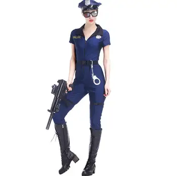M-XL Moteris Policijos Kostiumas Suaugusiųjų Helovyno Cosplay Policijos Pareigūno Uniformą Seksualus Giliai V Kaklo Mėlynas Policininkės Jumpsuit