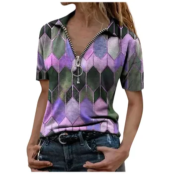 Madingų Moterų Vasara Atspausdintas Trumpas Rankovės Užtrauktukas Atvartas Apykaklės marškinėliai Topai Estetinės Ropa Mujer Moteris, T Marškiniai 2021 Naujas