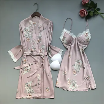 Mados Moterų Pavasario Vasaros Apdaras Lady Viskozė Satino Gėlių Spausdinti Vonia Suknelė Pižamą Sleepwear Pijama M-XL