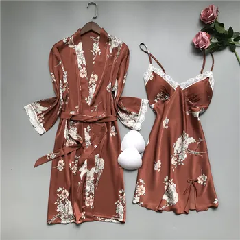 Mados Moterų Pavasario Vasaros Apdaras Lady Viskozė Satino Gėlių Spausdinti Vonia Suknelė Pižamą Sleepwear Pijama M-XL