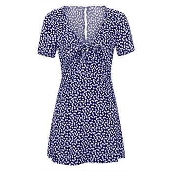 Mados Mėlyna Moterų Spausdinti Giliai V-kaklo trumpomis Rankovėmis Bohemian Suknelės 2020summer Elegantiškas Vestidos Moterų Užtrauktukų Paplūdimio Mini Suknelė