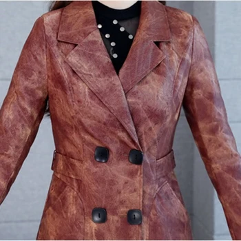 Mados odos tranšėjos paltai moterims kamufliažas spausdinti plauti PU odos viršutiniai drabužiai ilgas švarkelis, dvieiliai plonas kailis A3012