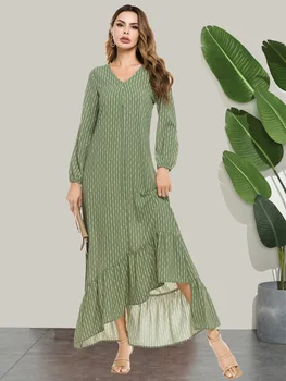 Mados Rudens Moterų Suknelė su V-kaklo, Nereguliarus Dryžuotas Spaudinių žalia vestidos musulmonų abaja islamo drabužių vakarėlis vestidos