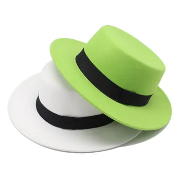 Mados seklių viršuje vilnonių top hat vyrų, moterų bowknot fedora skrybėlę žalia flat top plokščių kraštų ponas hat, white jazz skrybėlę