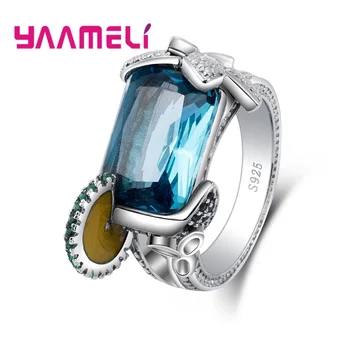 Mados Žavesio 925 Sterling Silver Crystal Piršto Žiedai Moterims Mergina Šalies Klasikinis Gėlių Mėlyna Cirkonis Viduryje Žiedas