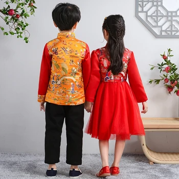 Mergaičių senovės stiliaus raudona Naujųjų Metų apranga, rudens ir žiemos naujas šiltas vaikų Tango kostiumas spausdinimo eksploatacinių savybių kostiumai