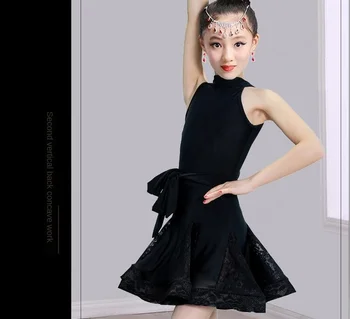 Merginos lotynų Šokių Suknelė be Rankovių Vaikų Konkurencijos Drabužius Nėrinių Banga Sijonas Projekto Etapo Rezultatus Kostiumai ZL828