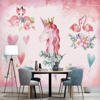 Milofi užsakymą didelis tapetai, freskos Šiaurės paprasta rožinė rankų dažytos meilės flamingo vienaragis fono sienos
