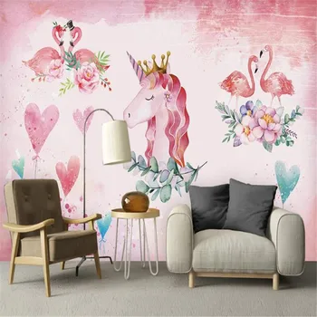 Milofi užsakymą didelis tapetai, freskos Šiaurės paprasta rožinė rankų dažytos meilės flamingo vienaragis fono sienos