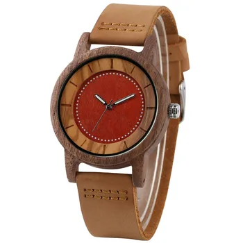 Minimalistinio Raudona/Balta Rinkimas Medienos Laikrodžiai Kvarco Judėjimas, vyriški Žiūrėti Natūralus Graikinių riešutų Medinės natūralios Odos Laikrodžius reloj