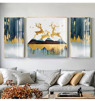 Modernus paprastumas Abstraktaus stiliaus Golden deer ir kraštovaizdžio veranda, svetainė Apdailos Drobė Meno Plakatas Tricrystal Paveikslai
