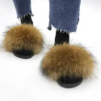 Moterims Kailiniai Šlepetės Meškėnas Kailių Skaidres Žiemą Šilta Namų Šlepetės Furry Batai
