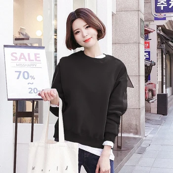 Moterų Atsitiktinis Marškinėlius Korėjos Hoodie Apvalios Kaklo, Ilgomis Rankovėmis Netikrą 2 Gabalas Palaidinės Moterų Darbo Dėvėti Rudenį, Puloveriai Viršų