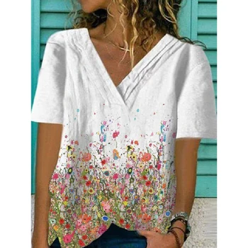 Moterų Atsitiktinis V-kaklo marškinėliai Mažų Gėlių Spausdinti Marškinėliai Paprastas Elegantiškas moteriški Marškinėliai Didelis 5XL Moterų Vasarą Dėvėti Kasdien