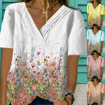 Moterų Atsitiktinis V-kaklo marškinėliai Mažų Gėlių Spausdinti Marškinėliai Paprastas Elegantiškas moteriški Marškinėliai Didelis 5XL Moterų Vasarą Dėvėti Kasdien
