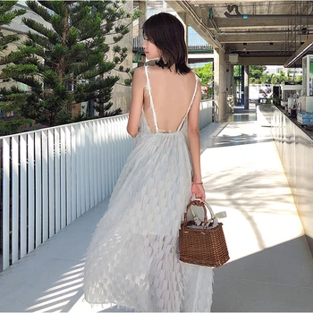 Moterų Balti Maxi Šalies Dirželiai Backless Suknelė Vasaros Atsitiktinis Elegantiškas Atostogų Paplūdimyje Ilga Suknelė korėjos kilimo ir tūpimo Tako 2020 suknelė Sundress