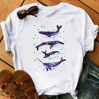 Moterų Banginis, Žuvis Mielas Meno Tapybos tshirts Moterų Harajuku Vasaros Viršūnes Ponios Gyvūnų Streetwear T-shirt Moterų Atsitiktinis Tees