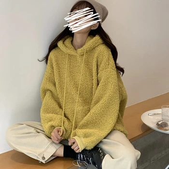 Moterų Hoodie Šiltas Negabaritinių Kišenėje Hoodies Korėjos Fasion Palaidinukė Moterų Atsitiktinis Megztinis Mielas Kawaii Cordero Pelusa Za 2021