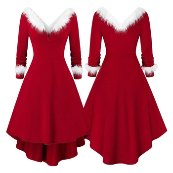 Moterų Kalėdų Ilgomis Rankovėmis Seksualus V-Kaklo Raudona Swing Midi Suknelė Balta Pliušinis Apdaila Plisuotos Asimetrinė Šalis Santa Kostiumas