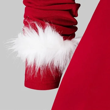 Moterų Kalėdų Ilgomis Rankovėmis Seksualus V-Kaklo Raudona Swing Midi Suknelė Balta Pliušinis Apdaila Plisuotos Asimetrinė Šalis Santa Kostiumas