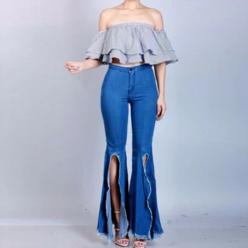 Moterų Mados Bell dugnu Džinsai Streetwear Stiliaus Aukšto Juosmens Moterų Pločio Kojų Kelnės Tamsiai Mėlynos Slim Fit Seksualus Klubų Ilgos Kelnės