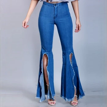 Moterų Mados Bell dugnu Džinsai Streetwear Stiliaus Aukšto Juosmens Moterų Pločio Kojų Kelnės Tamsiai Mėlynos Slim Fit Seksualus Klubų Ilgos Kelnės