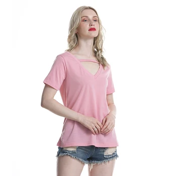 Moterų marškinėliai 2020 Choker V-kaklo Vasaros trumpomis Rankovėmis Tshirts Atsitiktinis Seksualus Apynasrio Laisvi marškinėliai Boho Moteris Viršuje