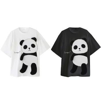 Moterų Panda Siuvinėjimo trumpomis Rankovėmis Apvalios Kaklo Laisvi marškinėliai Tee Viršuje Palaidinė trumpomis Rankovėmis marškinėliai Tee Viršuje Palaidinė marškinėliai Tee Viršų