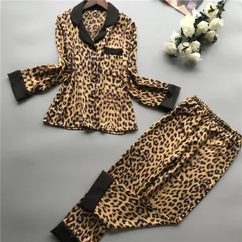 Moterų Pižama Leopard Pižamos Moterims Pavasario Satino Pijamas Moterų Atsitiktinis Elegantiškas Pyjama Femme Šilko Pijama Mujer Homewear
