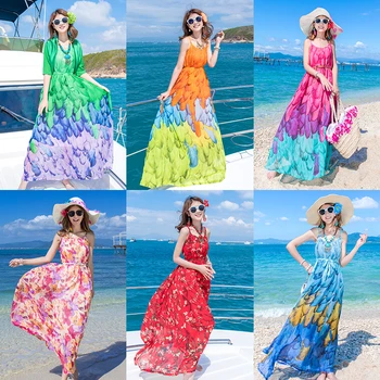 Moterų suknelė Tailandas beach vacation beach suknelė moteriška vasaros boho ilga suknelė sexy diržas V-kaklo šifono didelis mostas laisvas suknelė