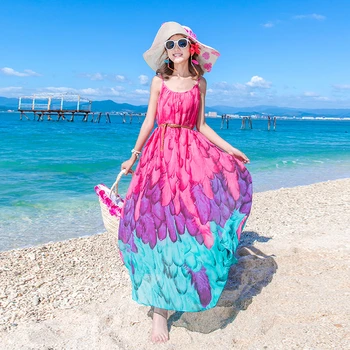 Moterų suknelė Tailandas beach vacation beach suknelė moteriška vasaros boho ilga suknelė sexy diržas V-kaklo šifono didelis mostas laisvas suknelė
