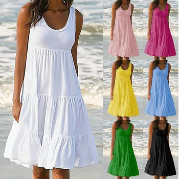 Moterų Vasaros Suknelė moterų Kietas Rankovių Paplūdimio Puoštas Atsitiktinis Geltona Sundress 2020 Mados Plius Dydis Suknelės Moterims