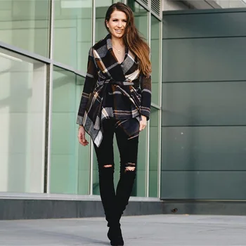 Moterų žiemos paltai vilnos 2020 Elegantiškas Vilnos Mišinys Pledas Moterims švarkai korėjos Mados diržas Juodas Ilgas Derliaus Negabaritinių paltai Outwear
