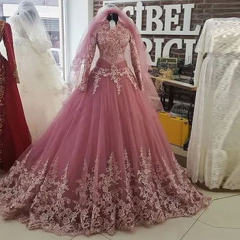 Musulmonų Vestuvių Suknelės Dusty Pink vestido de noiva chalatas de mairee Nėrinių ilgomis Rankovėmis Vestuvių Suknelės Vestuvių Suknelės Rankovėmis