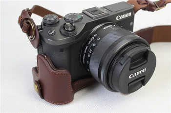 Nauja Vaizdo Kamera Atveju Krepšys Canon EOS M6 EOSM6 15-45mm Lęšių natūralios Odos Dangtelis Dėklas Su Dirželiu Atidarykite Akumuliatoriaus tiesiogiai