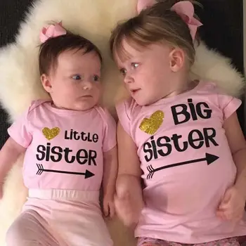 Naujagimiai, Vaikai Baby Girl Drabužiai Sesuo atitikimo kostiumas Laiškas Trumpas Rankovės Romper T-shirts Vasaros Atsitiktinis Baby Girl Drabužiai