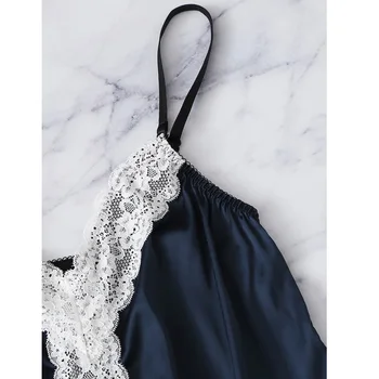 Naujas 2019 2vnt Moterų Sexy Tamsiai Mėlyna Satino Nėriniais Sleepwear Babydoll apatinis Trikotažas Nightdress Pižama Komplektas