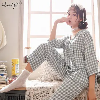 Naujas Atvykimo Moteriška Pižama Nustatyti Sleepwear Moterų Medvilnės Mišinys Pledas Spausdinti Pilka Pižamos Rudenį Atsitiktinis Palaidų Naktiniai Drabužiai Namų Drabužiai