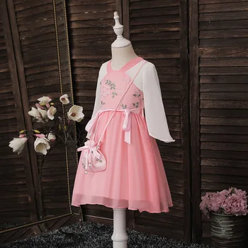 Naujas baby Hanfu vaikų Kinų stiliaus kostiumas suknelė vasaros trumparankoviai vaikų dienos veiklos drabužius + krepšys