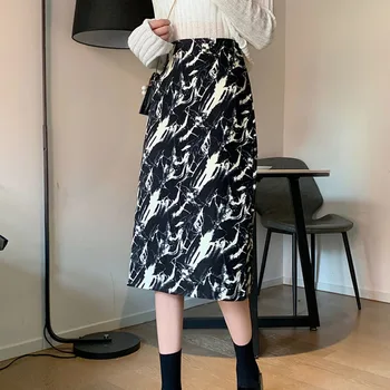Naujas Hepburn Stiliaus Aukšto Juosmens Moterų Sijonai Streetwear Mados-Line Kaklaraištis Dažų Spausdinti Sijonas Rudens Žiemos 2020 M. Vidurio Sijonas Juodas