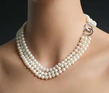 Naujas Klasikinis Mėgstamą Perlų Vėrinį 3 Eilėmis 7-8mm Baltas tikras Perlas Vestuvių Pamergės Meilės Dovana Fiine Papuošalai Moterims
